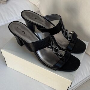 Anne Klein Black Slip-On Heeled Sandals with Metal Embellishment Size 11M